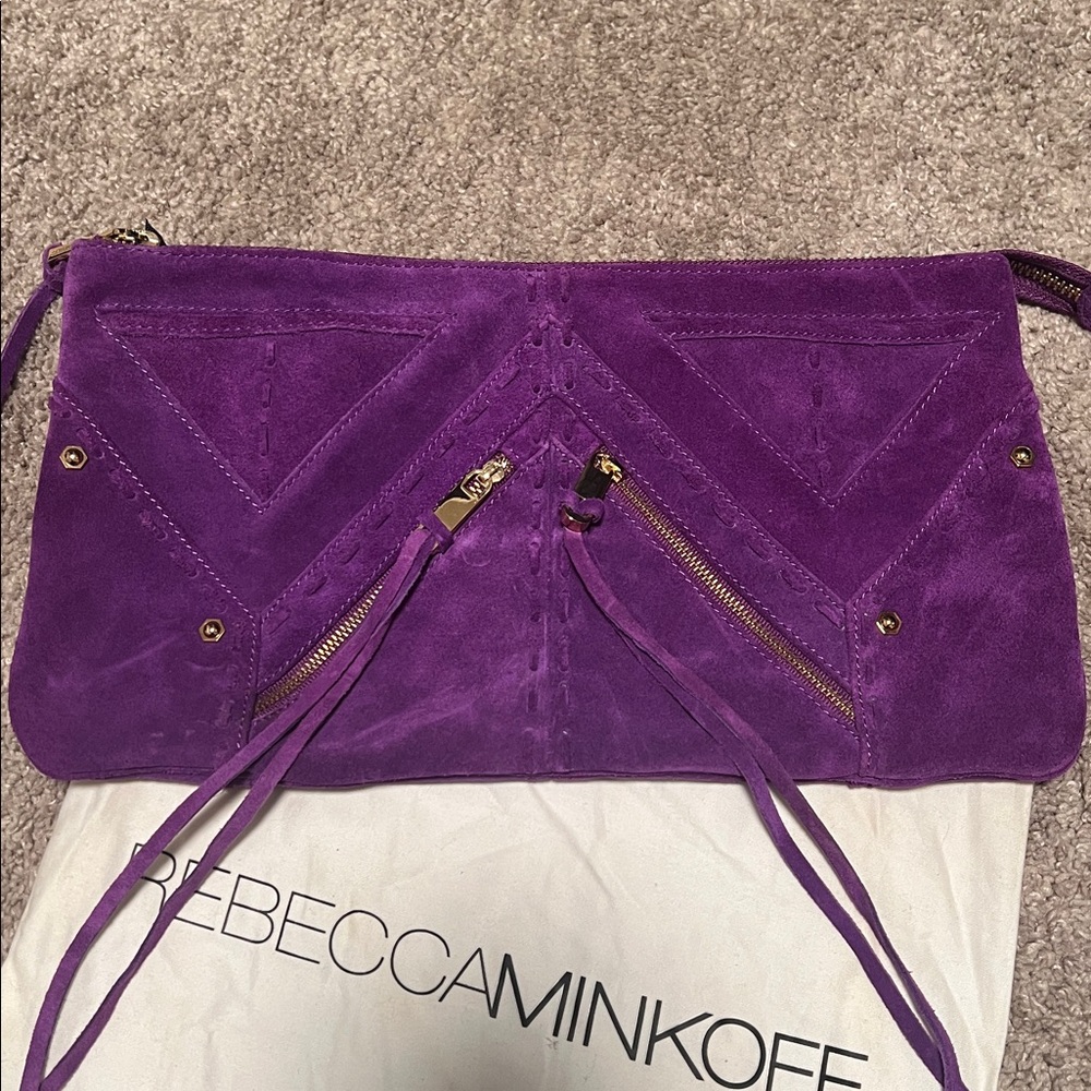 Rebecca Minkoff Love Letter Loveletter clutch, bird lining, purple suede, EUC! - Picture 2 of 9